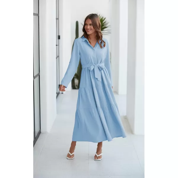 ECOWISH Womens Maxi Shirt Dress  2024 Long Sleeve Button Casual Fall Aline Work Tiered Dresses with Belt and PocketsBlue