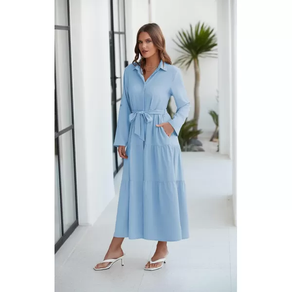 ECOWISH Womens Maxi Shirt Dress  2024 Long Sleeve Button Casual Fall Aline Work Tiered Dresses with Belt and PocketsBlue