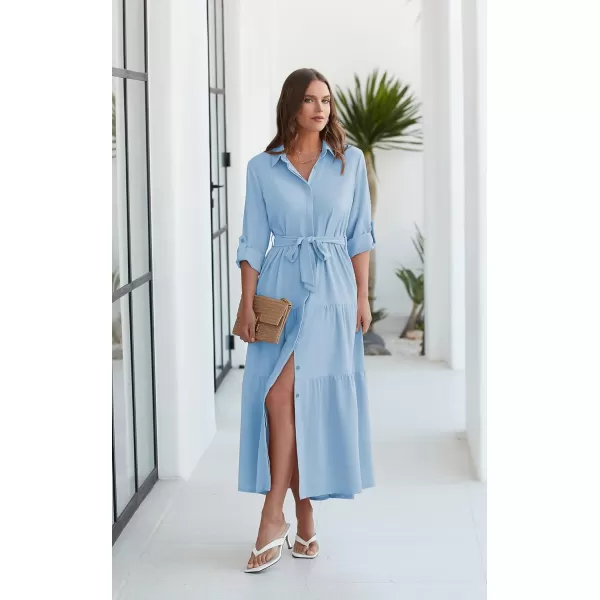 ECOWISH Womens Maxi Shirt Dress  2024 Long Sleeve Button Casual Fall Aline Work Tiered Dresses with Belt and PocketsBlue