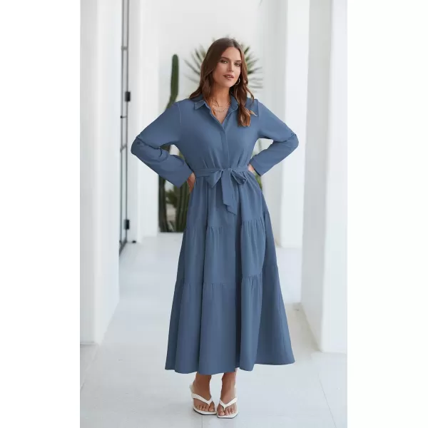ECOWISH Womens Maxi Shirt Dress  2024 Long Sleeve Button Casual Fall Aline Work Tiered Dresses with Belt and PocketsGray Blue