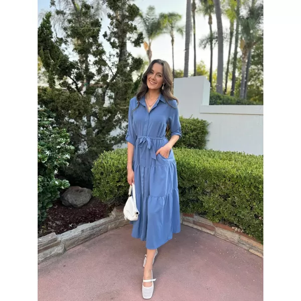 ECOWISH Womens Maxi Shirt Dress  2024 Long Sleeve Button Casual Fall Aline Work Tiered Dresses with Belt and PocketsGray Blue