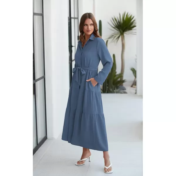 ECOWISH Womens Maxi Shirt Dress  2024 Long Sleeve Button Casual Fall Aline Work Tiered Dresses with Belt and PocketsGray Blue
