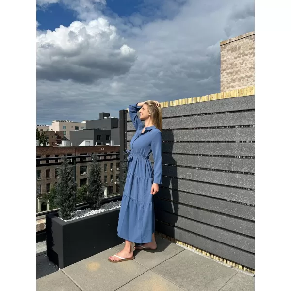 ECOWISH Womens Maxi Shirt Dress  2024 Long Sleeve Button Casual Fall Aline Work Tiered Dresses with Belt and PocketsGray Blue