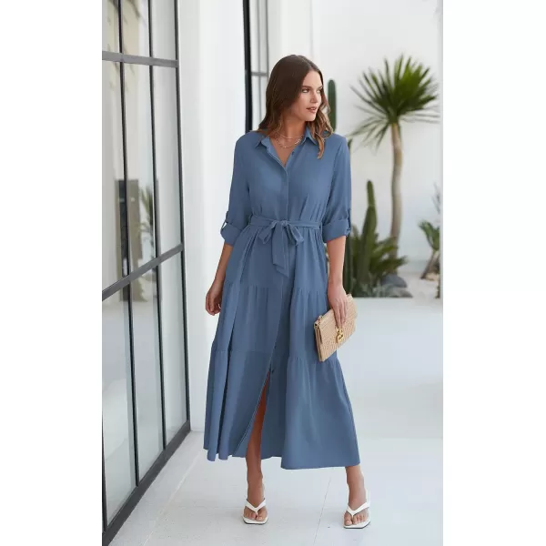 ECOWISH Womens Maxi Shirt Dress  2024 Long Sleeve Button Casual Fall Aline Work Tiered Dresses with Belt and PocketsGray Blue