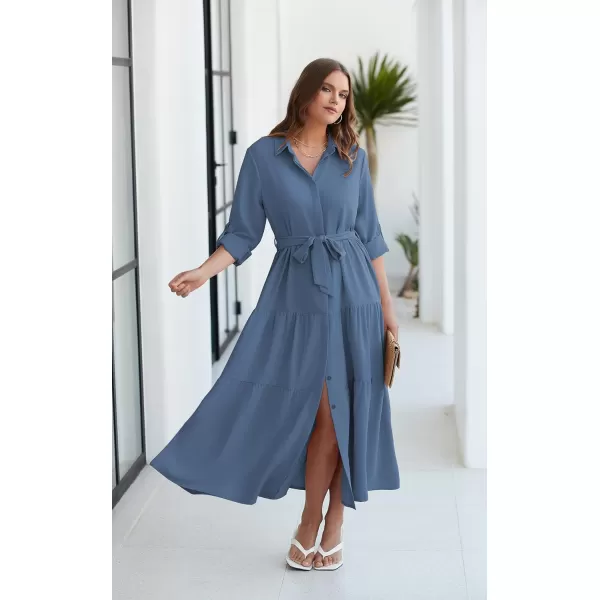 ECOWISH Womens Maxi Shirt Dress  2024 Long Sleeve Button Casual Fall Aline Work Tiered Dresses with Belt and PocketsGray Blue