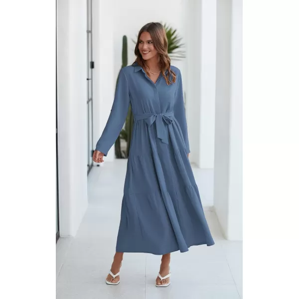 ECOWISH Womens Maxi Shirt Dress  2024 Long Sleeve Button Casual Fall Aline Work Tiered Dresses with Belt and PocketsGray Blue