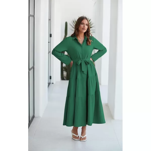 ECOWISH Womens Maxi Shirt Dress  2024 Long Sleeve Button Casual Fall Aline Work Tiered Dresses with Belt and PocketsGreen