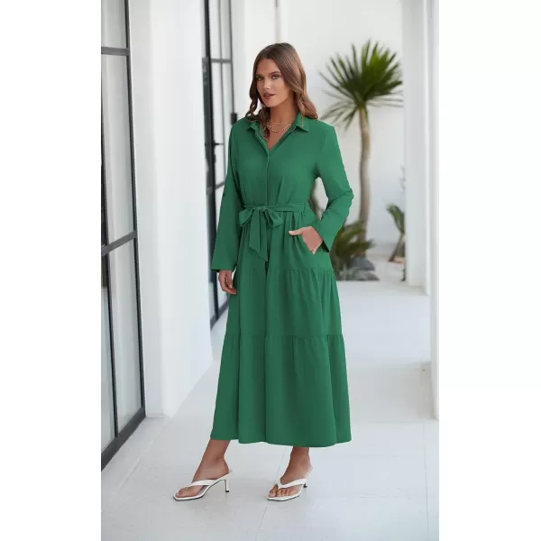 ECOWISH Womens Maxi Shirt Dress  2024 Long Sleeve Button Casual Fall Aline Work Tiered Dresses with Belt and PocketsGreen