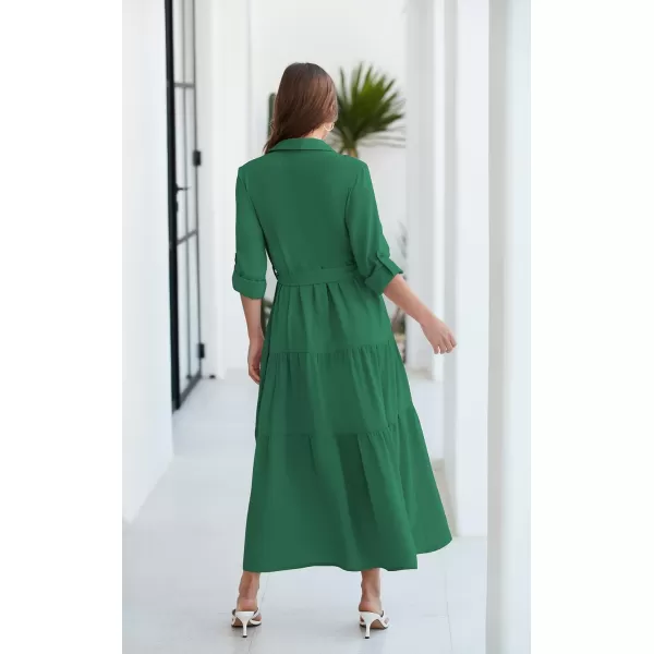 ECOWISH Womens Maxi Shirt Dress  2024 Long Sleeve Button Casual Fall Aline Work Tiered Dresses with Belt and PocketsGreen