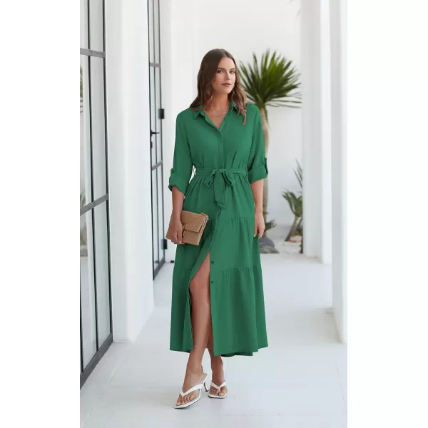 ECOWISH Womens Maxi Shirt Dress  2024 Long Sleeve Button Casual Fall Aline Work Tiered Dresses with Belt and PocketsGreen