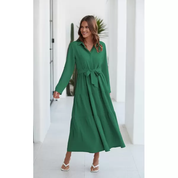 ECOWISH Womens Maxi Shirt Dress  2024 Long Sleeve Button Casual Fall Aline Work Tiered Dresses with Belt and PocketsGreen