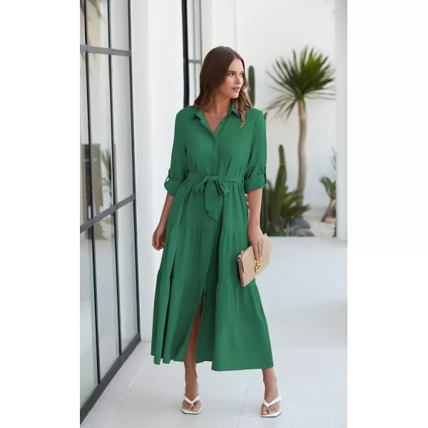 ECOWISH Womens Maxi Shirt Dress  2024 Long Sleeve Button Casual Fall Aline Work Tiered Dresses with Belt and PocketsGreen