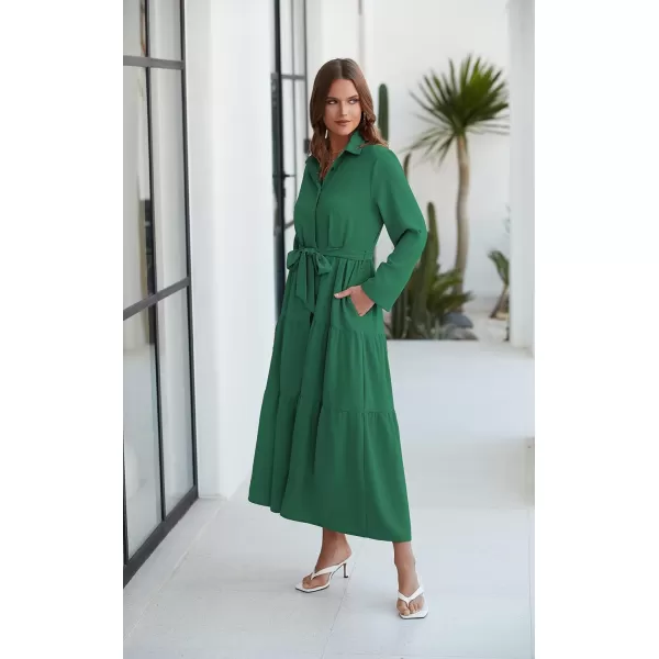 ECOWISH Womens Maxi Shirt Dress  2024 Long Sleeve Button Casual Fall Aline Work Tiered Dresses with Belt and PocketsGreen
