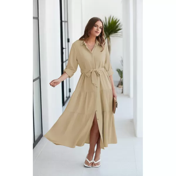 ECOWISH Womens Maxi Shirt Dress  2024 Long Sleeve Button Casual Fall Aline Work Tiered Dresses with Belt and PocketsKhaki