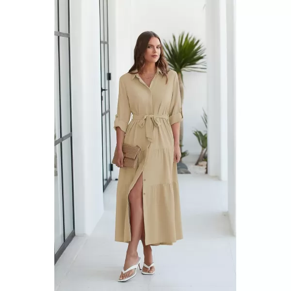 ECOWISH Womens Maxi Shirt Dress  2024 Long Sleeve Button Casual Fall Aline Work Tiered Dresses with Belt and PocketsKhaki