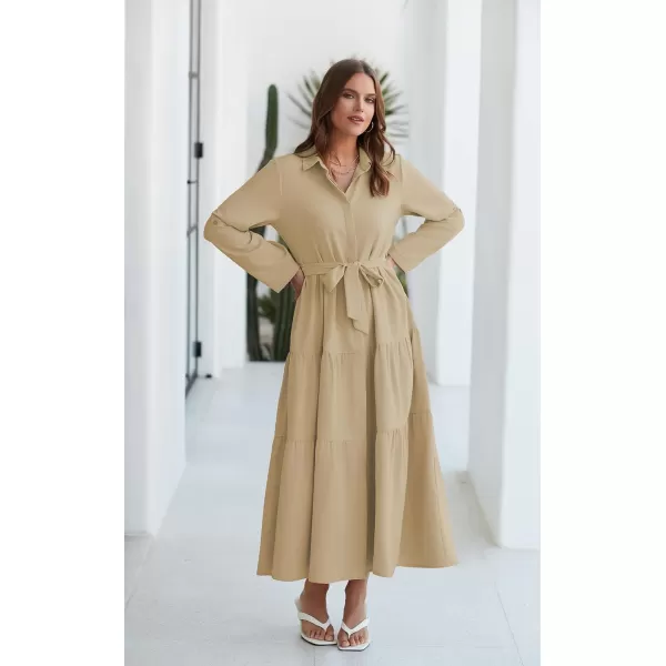 ECOWISH Womens Maxi Shirt Dress  2024 Long Sleeve Button Casual Fall Aline Work Tiered Dresses with Belt and PocketsKhaki
