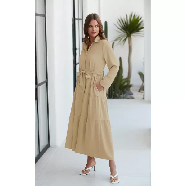 ECOWISH Womens Maxi Shirt Dress  2024 Long Sleeve Button Casual Fall Aline Work Tiered Dresses with Belt and PocketsKhaki