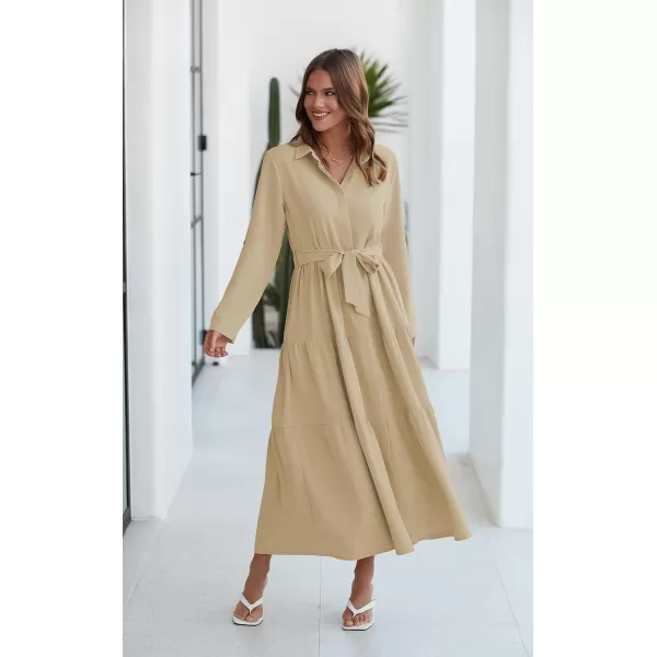 ECOWISH Womens Maxi Shirt Dress  2024 Long Sleeve Button Casual Fall Aline Work Tiered Dresses with Belt and PocketsKhaki