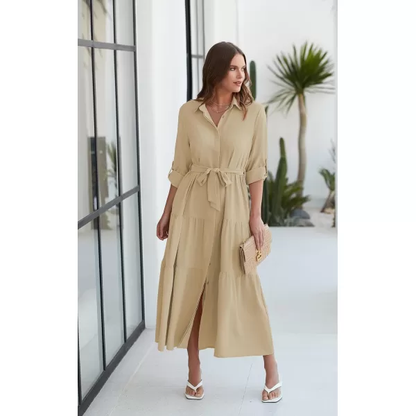 ECOWISH Womens Maxi Shirt Dress  2024 Long Sleeve Button Casual Fall Aline Work Tiered Dresses with Belt and PocketsKhaki