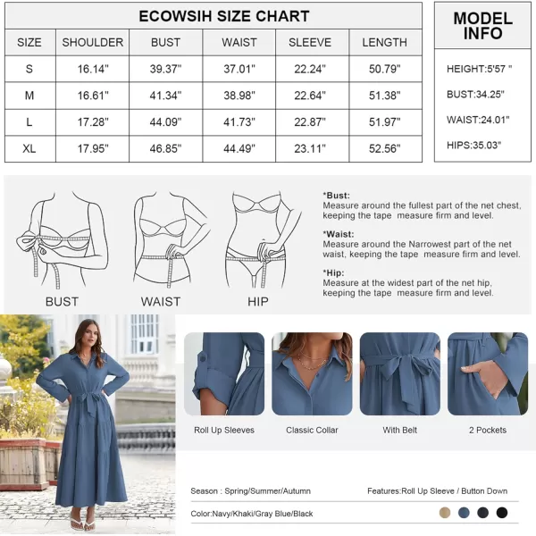 ECOWISH Womens Maxi Shirt Dress  2024 Long Sleeve Button Casual Fall Aline Work Tiered Dresses with Belt and PocketsKhaki