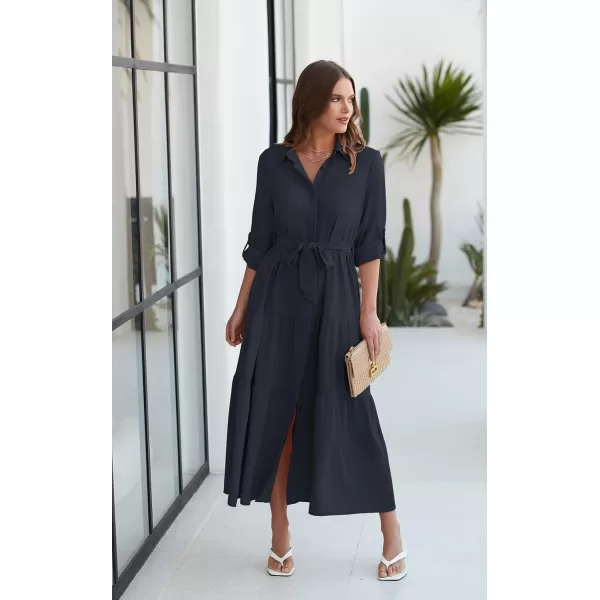 ECOWISH Womens Maxi Shirt Dress  2024 Long Sleeve Button Casual Fall Aline Work Tiered Dresses with Belt and PocketsNavy