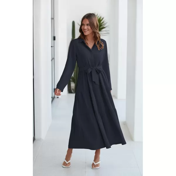ECOWISH Womens Maxi Shirt Dress  2024 Long Sleeve Button Casual Fall Aline Work Tiered Dresses with Belt and PocketsNavy