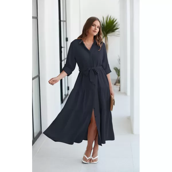 ECOWISH Womens Maxi Shirt Dress  2024 Long Sleeve Button Casual Fall Aline Work Tiered Dresses with Belt and PocketsNavy