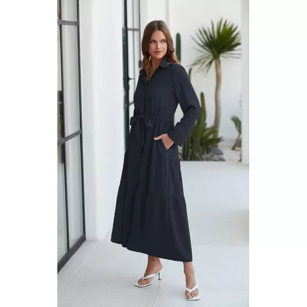 ECOWISH Womens Maxi Shirt Dress  2024 Long Sleeve Button Casual Fall Aline Work Tiered Dresses with Belt and PocketsNavy
