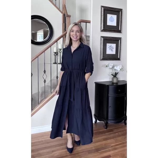 ECOWISH Womens Maxi Shirt Dress  2024 Long Sleeve Button Casual Fall Aline Work Tiered Dresses with Belt and PocketsNavy