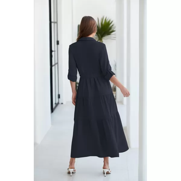 ECOWISH Womens Maxi Shirt Dress  2024 Long Sleeve Button Casual Fall Aline Work Tiered Dresses with Belt and PocketsNavy