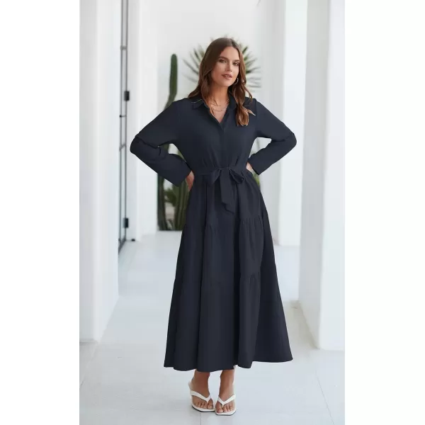 ECOWISH Womens Maxi Shirt Dress  2024 Long Sleeve Button Casual Fall Aline Work Tiered Dresses with Belt and PocketsNavy