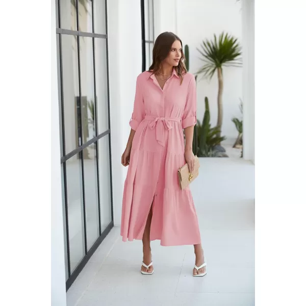 ECOWISH Womens Maxi Shirt Dress  2024 Long Sleeve Button Casual Fall Aline Work Tiered Dresses with Belt and PocketsPink