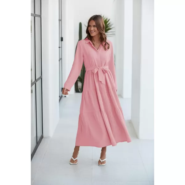 ECOWISH Womens Maxi Shirt Dress  2024 Long Sleeve Button Casual Fall Aline Work Tiered Dresses with Belt and PocketsPink