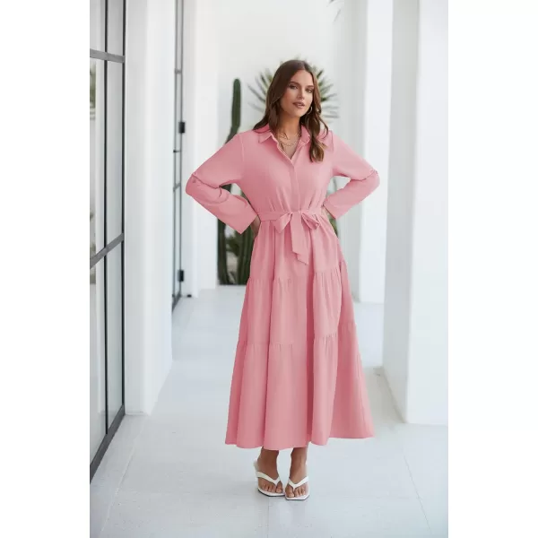 ECOWISH Womens Maxi Shirt Dress  2024 Long Sleeve Button Casual Fall Aline Work Tiered Dresses with Belt and PocketsPink