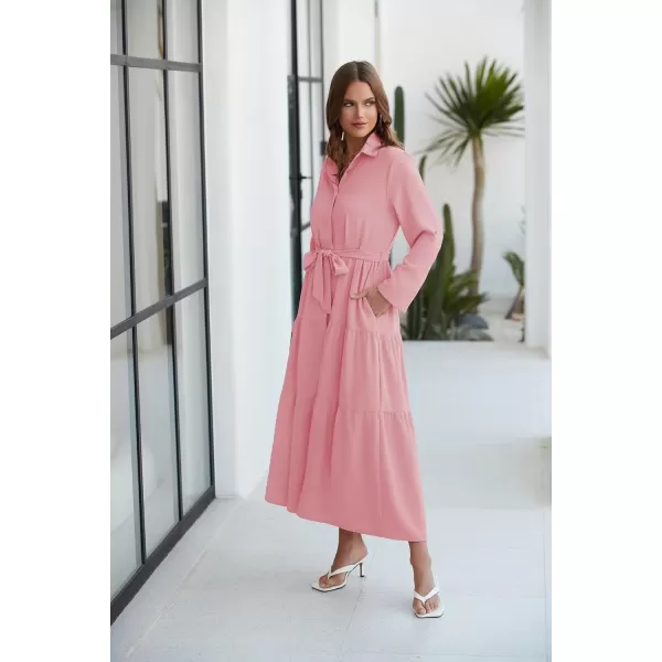 ECOWISH Womens Maxi Shirt Dress  2024 Long Sleeve Button Casual Fall Aline Work Tiered Dresses with Belt and PocketsPink