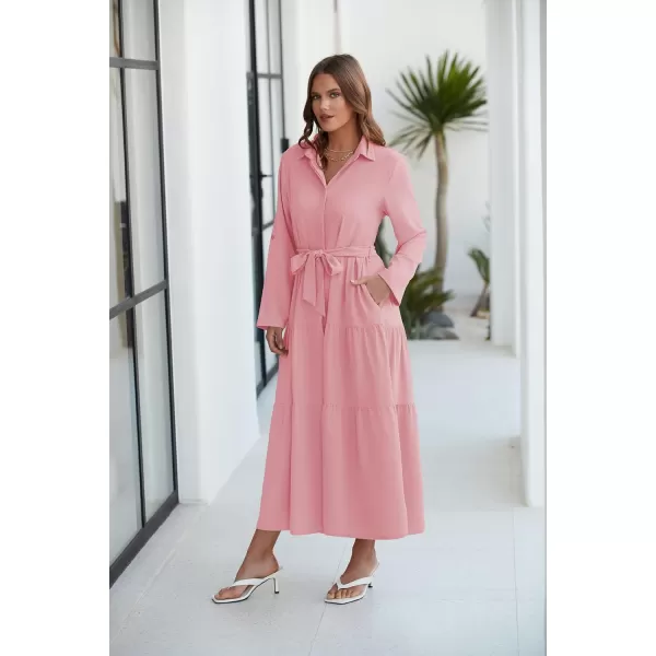 ECOWISH Womens Maxi Shirt Dress  2024 Long Sleeve Button Casual Fall Aline Work Tiered Dresses with Belt and PocketsPink