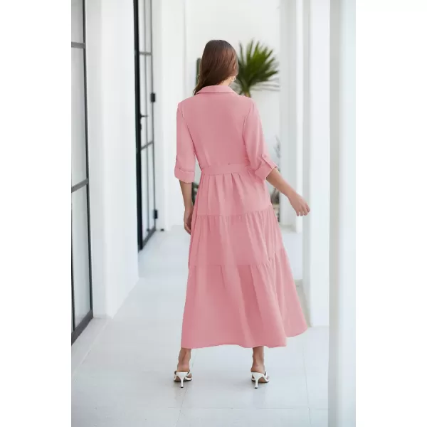 ECOWISH Womens Maxi Shirt Dress  2024 Long Sleeve Button Casual Fall Aline Work Tiered Dresses with Belt and PocketsPink