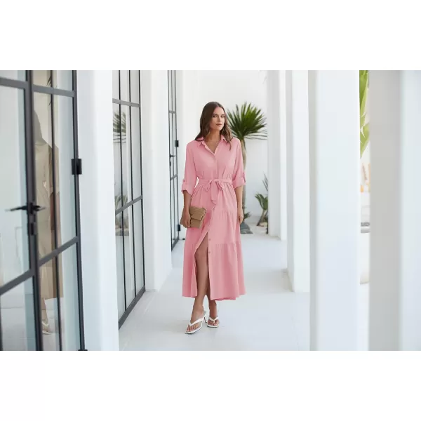 ECOWISH Womens Maxi Shirt Dress  2024 Long Sleeve Button Casual Fall Aline Work Tiered Dresses with Belt and PocketsPink