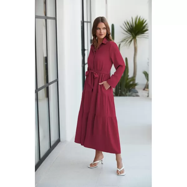 ECOWISH Womens Maxi Shirt Dress  2024 Long Sleeve Button Casual Fall Aline Work Tiered Dresses with Belt and PocketsWine Red