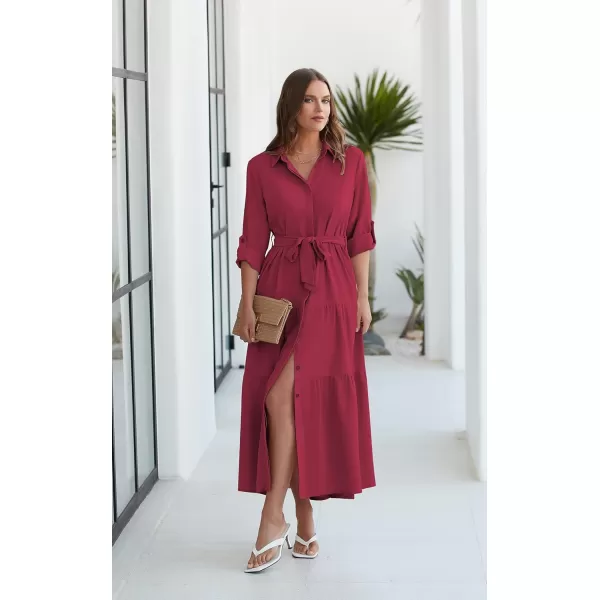 ECOWISH Womens Maxi Shirt Dress  2024 Long Sleeve Button Casual Fall Aline Work Tiered Dresses with Belt and PocketsWine Red