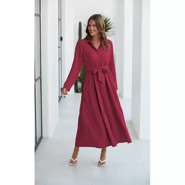 ECOWISH Womens Maxi Shirt Dress  2024 Long Sleeve Button Casual Fall Aline Work Tiered Dresses with Belt and PocketsWine Red