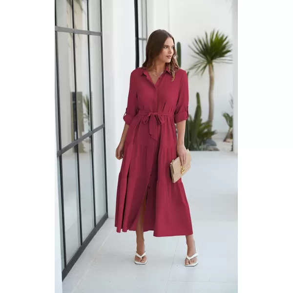ECOWISH Womens Maxi Shirt Dress  2024 Long Sleeve Button Casual Fall Aline Work Tiered Dresses with Belt and PocketsWine Red