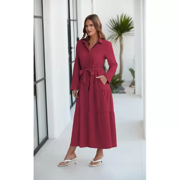 ECOWISH Womens Maxi Shirt Dress  2024 Long Sleeve Button Casual Fall Aline Work Tiered Dresses with Belt and PocketsWine Red