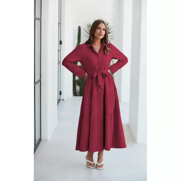 ECOWISH Womens Maxi Shirt Dress  2024 Long Sleeve Button Casual Fall Aline Work Tiered Dresses with Belt and PocketsWine Red