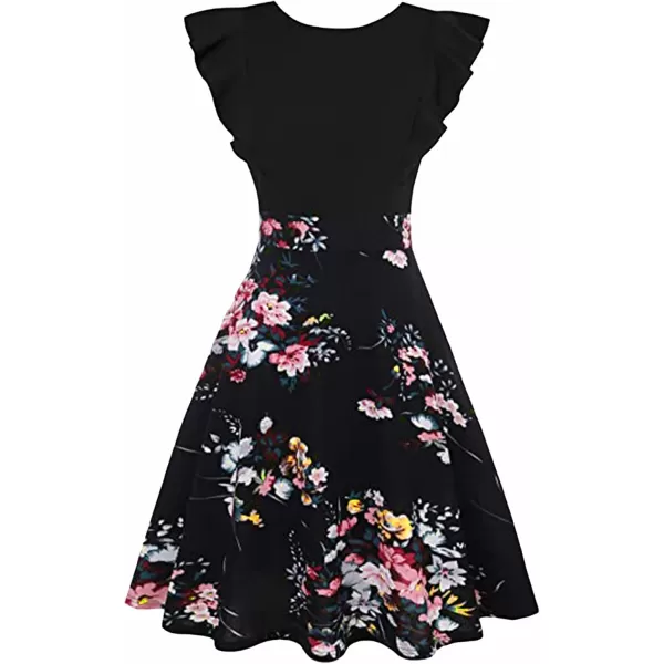 ECOWISH Womens Summer Dresses 2024 Elegant Lady Wedding Guest Cocktail Ruffle Cap Sleeves ALine Office Midi Dress170 Black Floral
