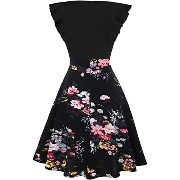 ECOWISH Womens Summer Dresses 2024 Elegant Lady Wedding Guest Cocktail Ruffle Cap Sleeves ALine Office Midi Dress170 Black Floral