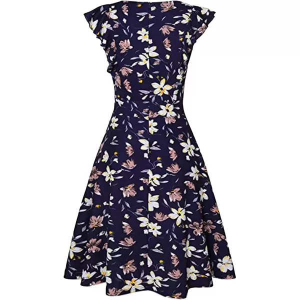ECOWISH Womens Summer Dresses 2024 Elegant Lady Wedding Guest Cocktail Ruffle Cap Sleeves ALine Office Midi Dress170 Blue Floral