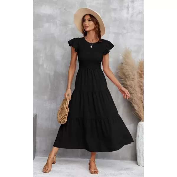 ECOWISH Womens Summer Dresses 2024 Elegant Lady Wedding Guest Cocktail Ruffle Cap Sleeves ALine Office Midi Dress297 Black