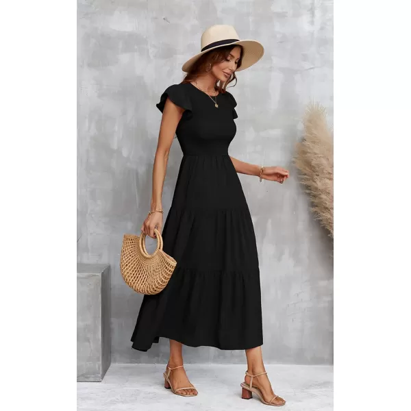 ECOWISH Womens Summer Dresses 2024 Elegant Lady Wedding Guest Cocktail Ruffle Cap Sleeves ALine Office Midi Dress297 Black