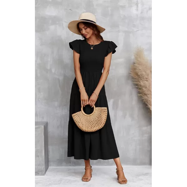 ECOWISH Womens Summer Dresses 2024 Elegant Lady Wedding Guest Cocktail Ruffle Cap Sleeves ALine Office Midi Dress297 Black